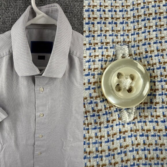 David Donahue Blue Brown Short Sleeve 16 Trim Check Cotton Button Up Shirt Men - Picture 1 of 13